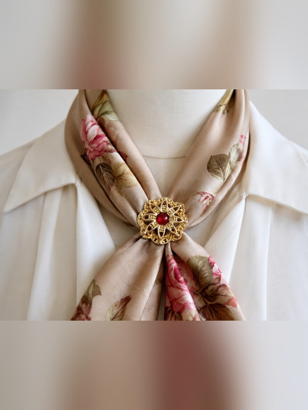 Vintage Gold Tone Floral Scarf Clip Red Cabochon Sweater Guard Costume Jewelry